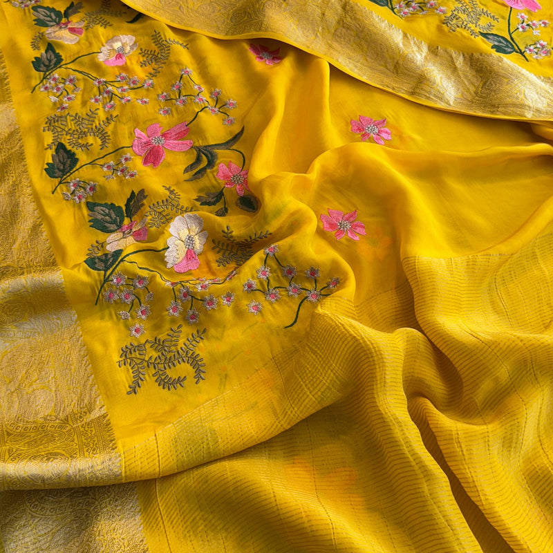 Pure Crepe Silk Banarasi Saree with Multi-Thread Embroidery