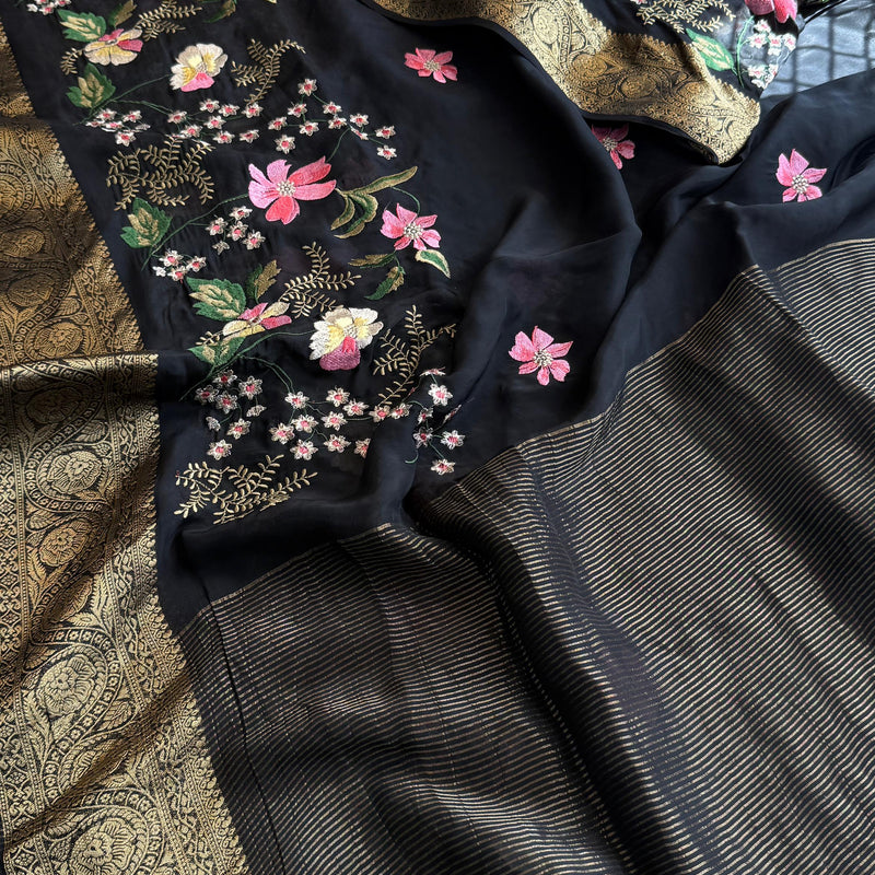 Pure Crepe Silk Banarasi Saree with Multi-Thread Embroidery