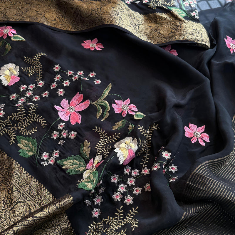 Pure Crepe Silk Banarasi Saree with Multi-Thread Embroidery
