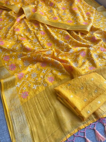 Pure Munga Silk Banarasi Saree with Multi-Thread Embroidery & Blouse