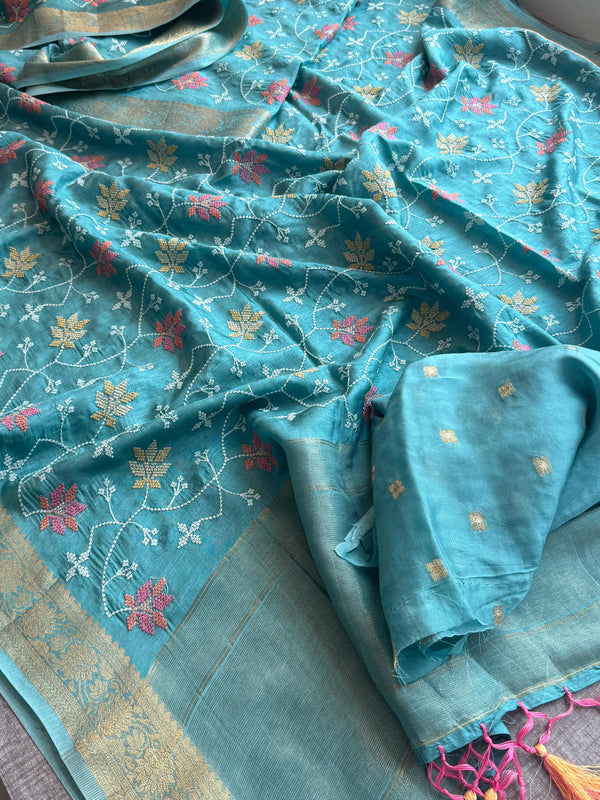 Pure Munga Silk Banarasi Saree with Multi-Thread Embroidery & Blouse