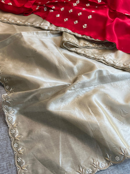 Pure Tissue Handloom Silk Saree with Zardozi, Pearl & Sequin Embellishment