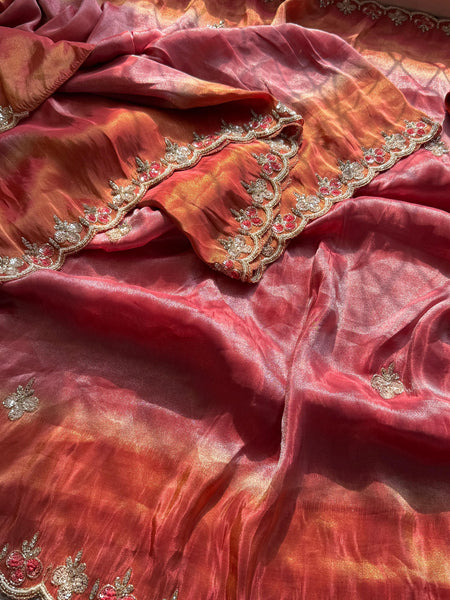 Pure Soft Tissue Munga Silk Saree with Zardozi, Resham & Pearl Work