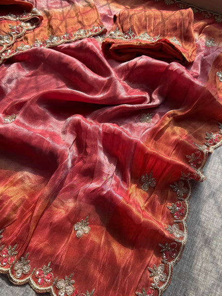 Pure Soft Tissue Munga Silk Saree with Zardozi, Resham & Pearl Work