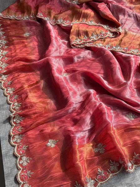 Pure Soft Tissue Munga Silk Saree with Zardozi, Resham & Pearl Work