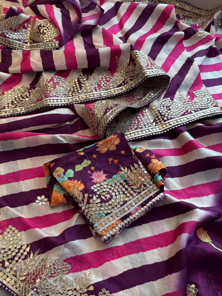Pure Munga Crepe Silk Saree with Leheriya Blouse & Gotapatti Work