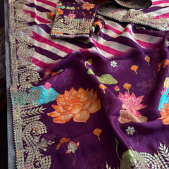 Pure Munga Crepe Silk Saree with Leheriya Blouse & Gotapatti Work