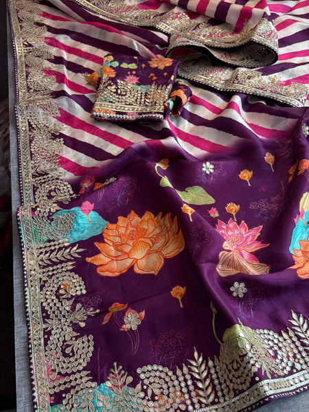 Pure Munga Crepe Silk Saree with Leheriya Blouse & Gotapatti Work