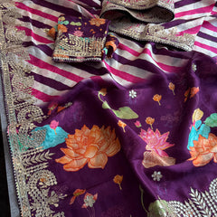 Pure Munga Crepe Silk Saree with Leheriya Blouse & Gotapatti Work