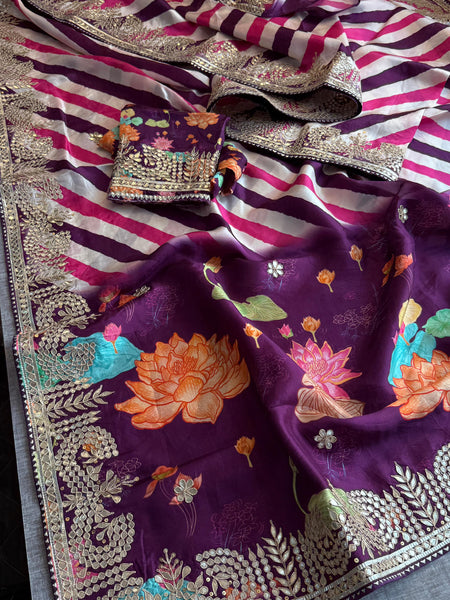 Pure Munga Crepe Silk Saree with Leheriya Blouse & Gotapatti Work