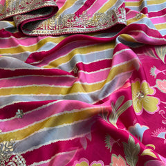 Pure Munga Crepe Silk Saree with Leheriya Blouse & Gotapatti Work