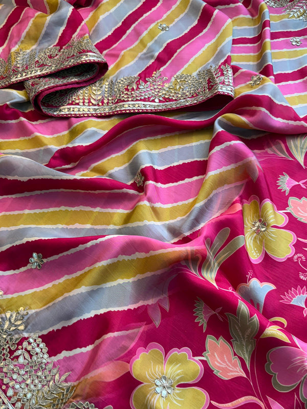 Pure Munga Crepe Silk Saree with Leheriya Blouse & Gotapatti Work