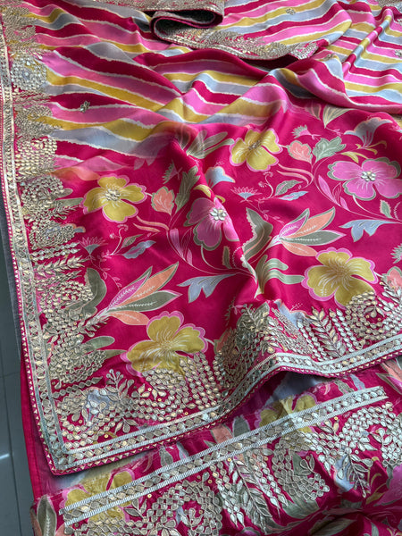 Pure Munga Crepe Silk Saree with Leheriya Blouse & Gotapatti Work