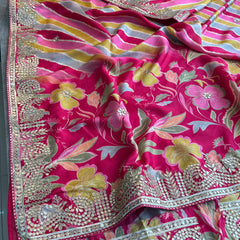 Pure Munga Crepe Silk Saree with Leheriya Blouse & Gotapatti Work