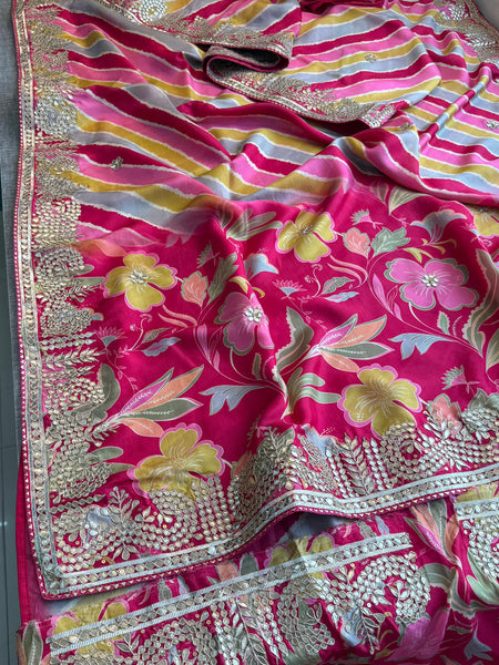 Pure Munga Crepe Silk Saree with Leheriya Blouse & Gotapatti Work