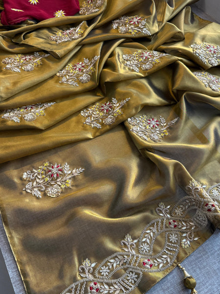 Pure Tissue Handloom Silk Saree with Zardozi, Pearl & Gotapatti Work