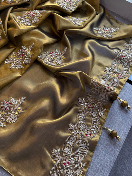 Pure Tissue Handloom Silk Saree with Zardozi, Pearl & Gotapatti Work
