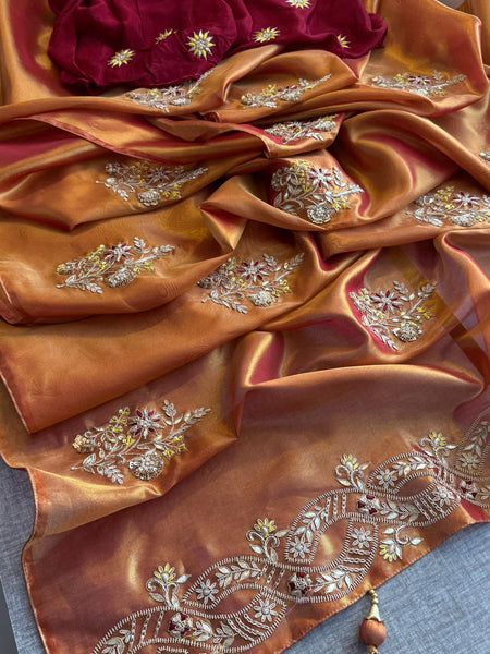 Pure Tissue Handloom Silk Saree with Zardozi, Pearl & Gotapatti Work