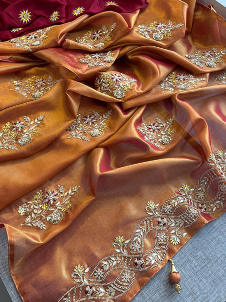 Pure Tissue Handloom Silk Saree with Zardozi, Pearl & Gotapatti Work