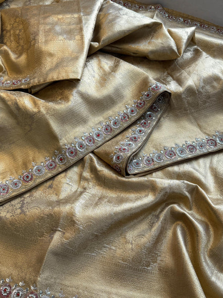 Pure Tissue Kanjivaram Banarasi Saree with Zardozi & Pearl Embellishments