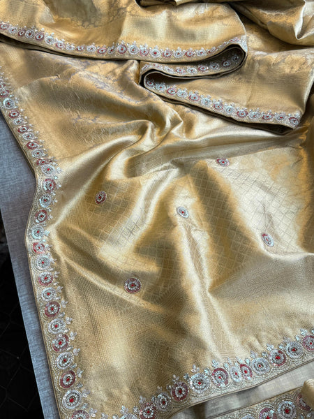 Pure Tissue Kanjivaram Banarasi Saree with Zardozi & Pearl Embellishments
