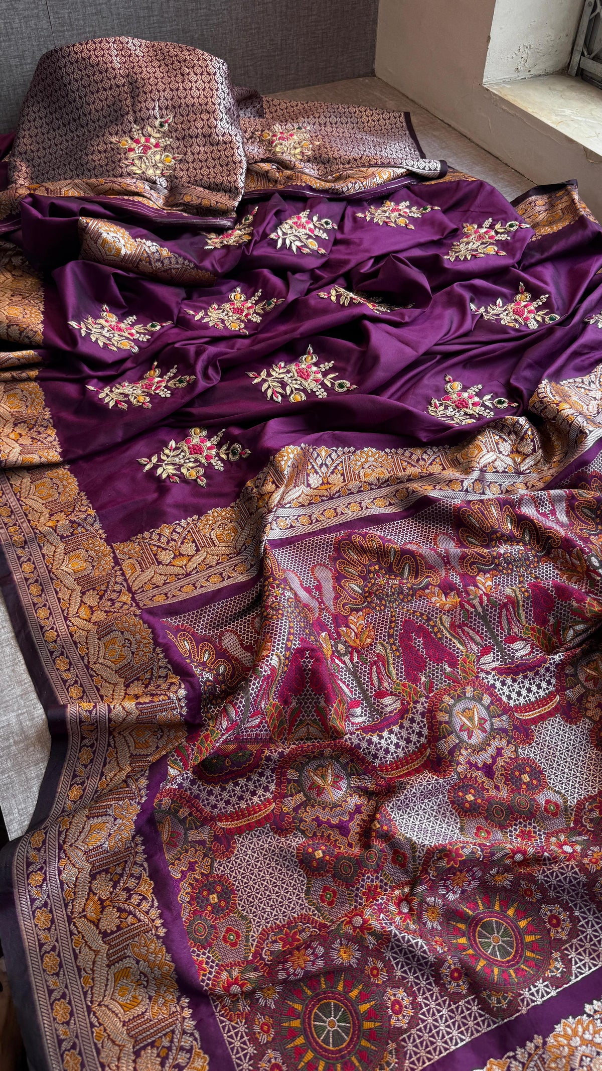 Pure Munga Silk Banarasi Saree with Zardozi, Gotapatti & Pearl Work