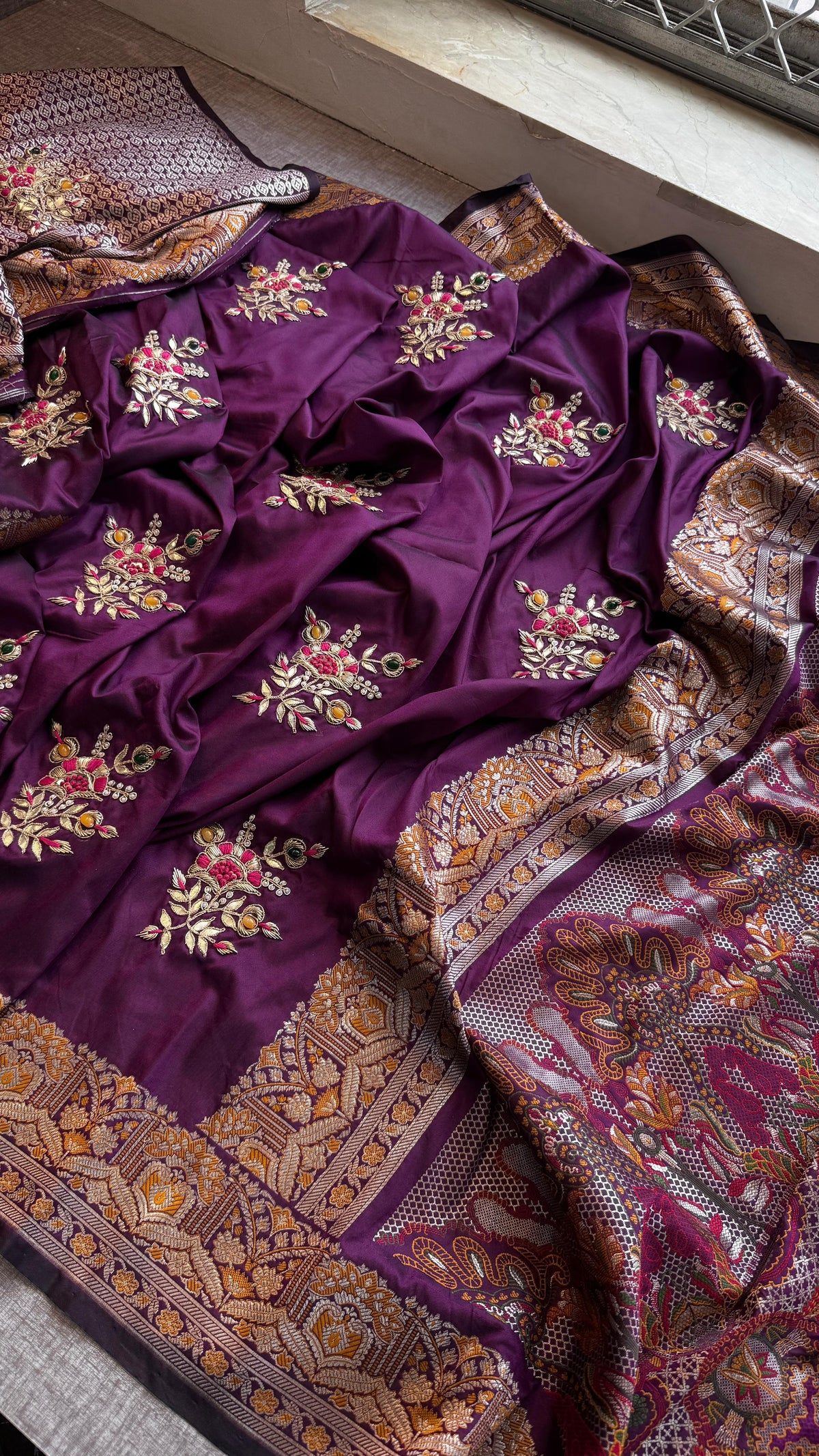 Pure Munga Silk Banarasi Saree with Zardozi, Gotapatti & Pearl Work