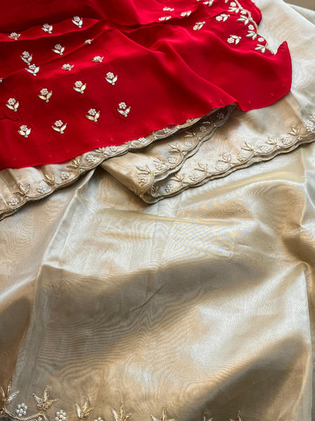 Pure Tissue Handloom Silk Saree with Zardozi, Pearl & Sequin Work