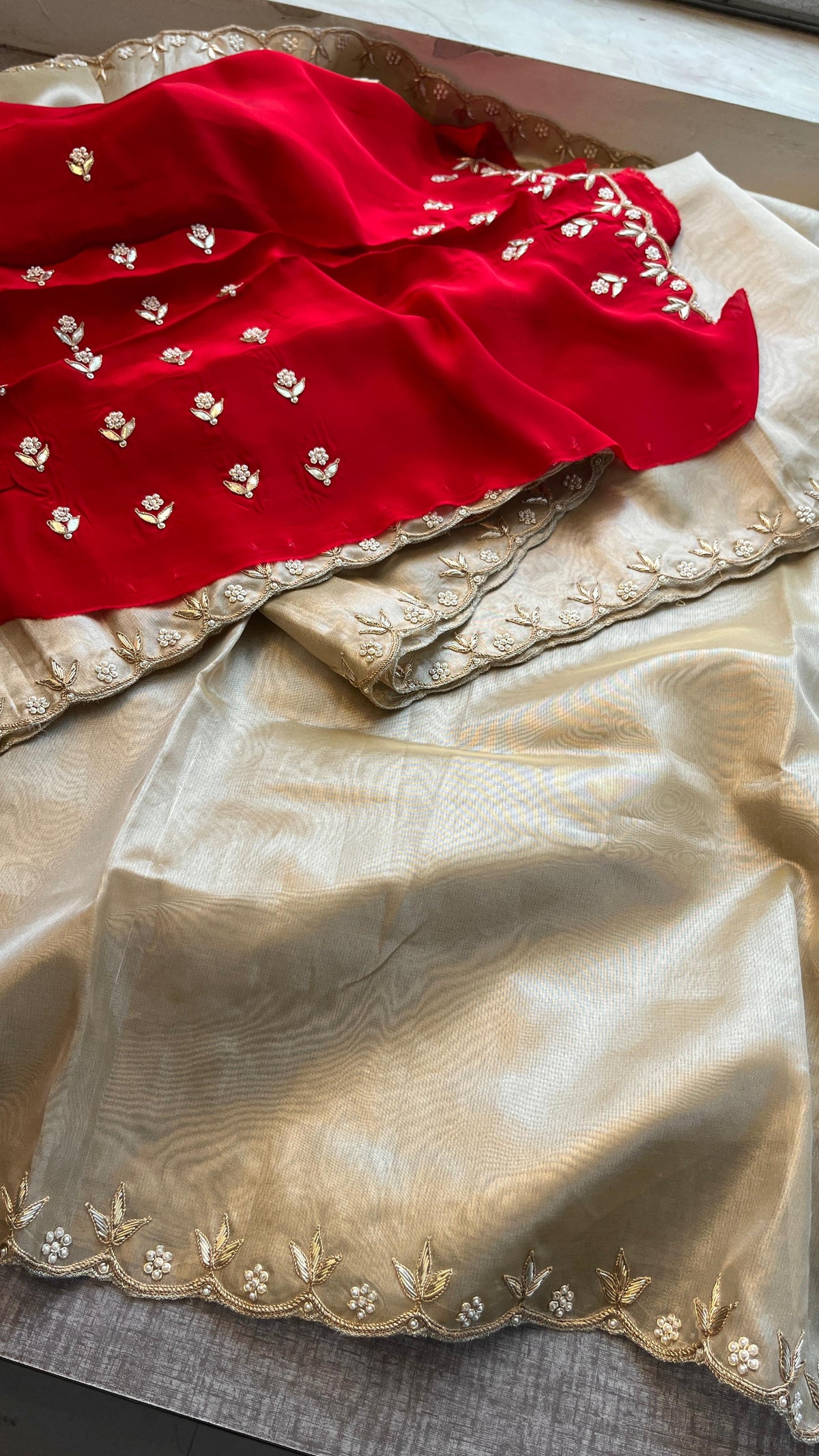Pure Tissue Handloom Silk Saree with Zardozi, Pearl & Sequin Work