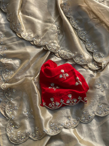 Pure Tissue Handloom Silk Saree with Zardozi, Gotapatti & Pearl Work