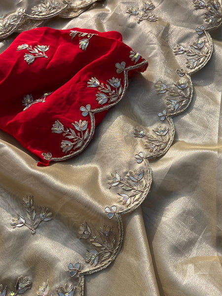 Pure Tissue Handloom Silk Saree with Zardozi, Gotapatti & Pearl Work