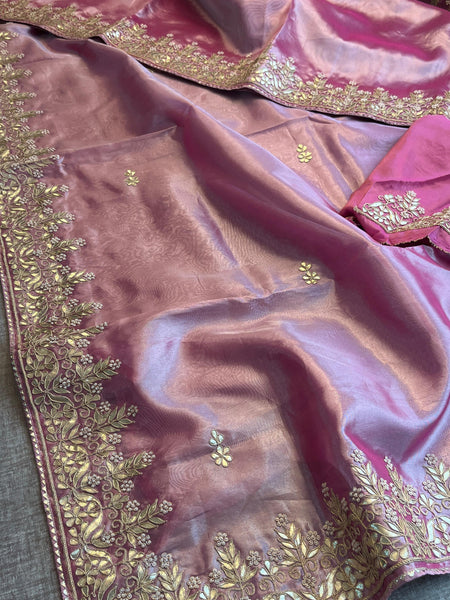 Pure Tissue Handloom Silk Saree with Zardozi, Gota Patti & Pearl Work