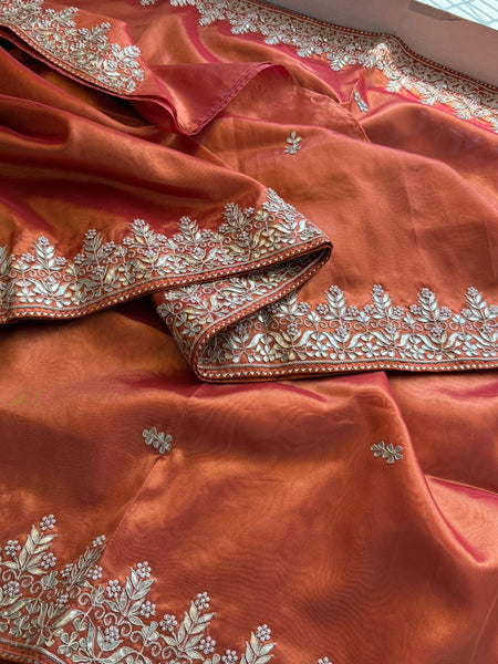 Pure Tissue Handloom Silk Saree with Zardozi, Gota Patti & Pearl Work