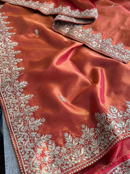 Pure Tissue Handloom Silk Saree with Zardozi, Gota Patti & Pearl Work