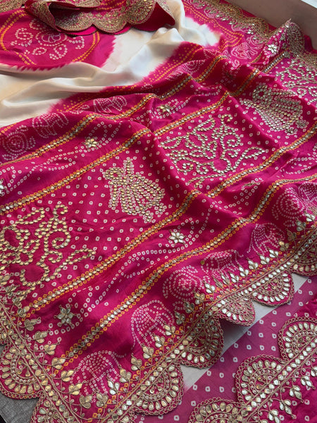 Pure Munga Bandhani Saree with GotaPatti Work