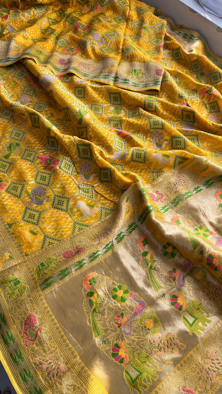 Pure Heavy Khaddi Georgette Saree with Bandhani & Meena Banarasi Weaving