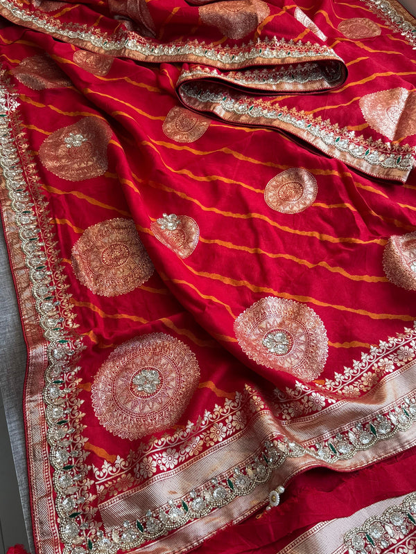 Munga Silk Saree with Zardozi & Pearl Embroidery