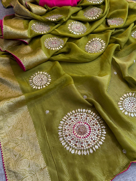 Munga Silk Banarasi Saree with Anchor, Pearl & Zardozi
