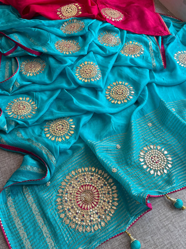 Munga Silk Banarasi Saree with Anchor, Pearl & Zardozi