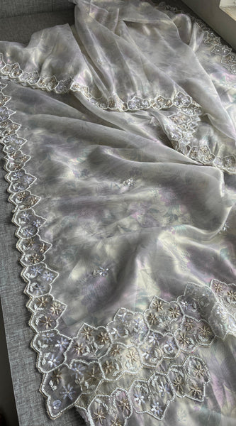 Soft Tissue Net Saree with Zardozi, Pearl & Kutdana Embroidery