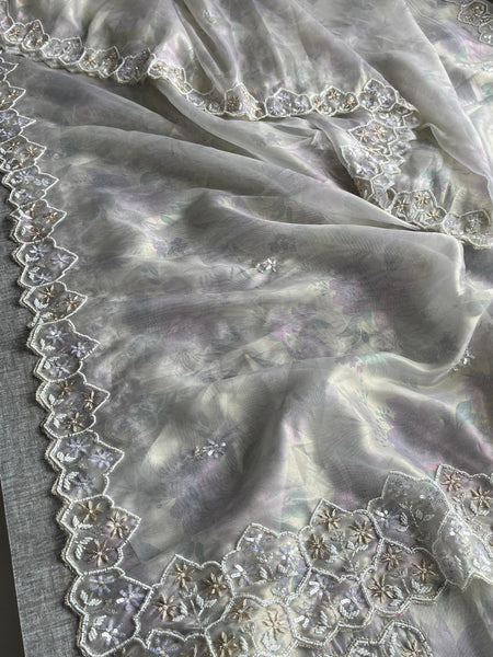 Soft Tissue Net Saree with Zardozi, Pearl & Kutdana Embroidery