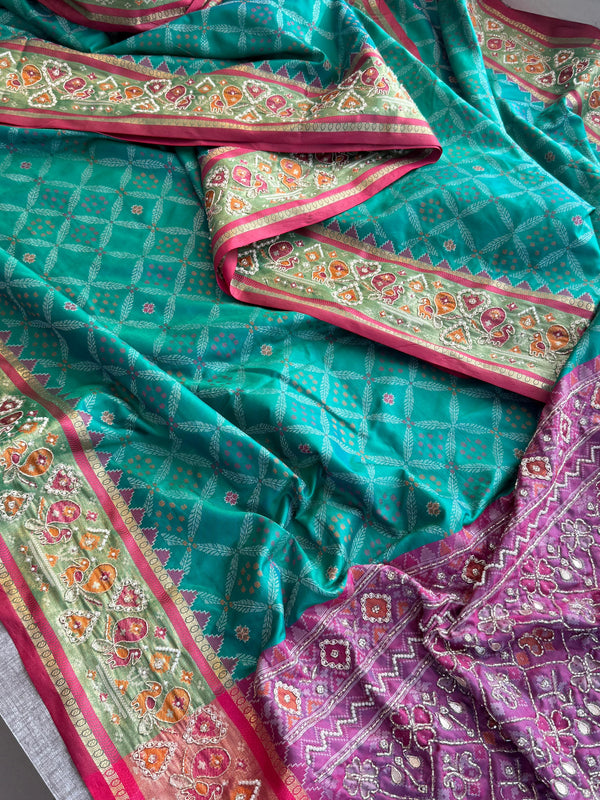 Patola Munga Banarasi Silk Saree with Zardozi & Pearl Work
