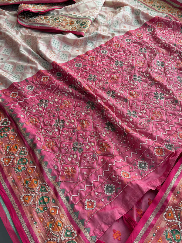 Patola Munga Banarasi Silk Saree with Zardozi & Pearl Work