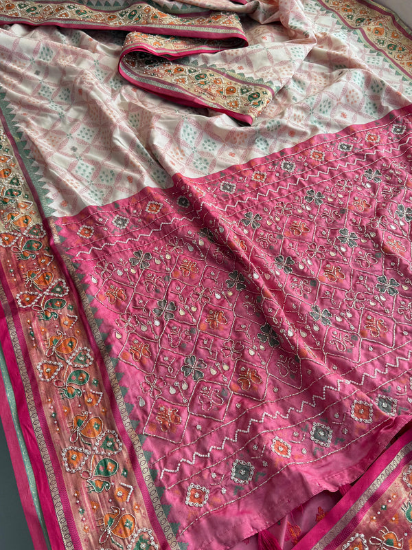 Patola Munga Banarasi Silk Saree with Zardozi & Pearl Work
