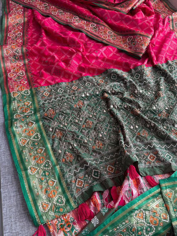 Patola Munga Banarasi Silk Saree with Zardozi & Pearl Work