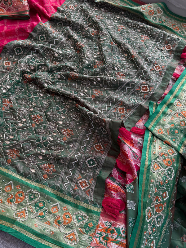 Patola Munga Banarasi Silk Saree with Zardozi & Pearl Work