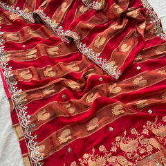 Pure Cosmo Silk Banarasi Wedding Saree with Gotta Patti & Pearl Work