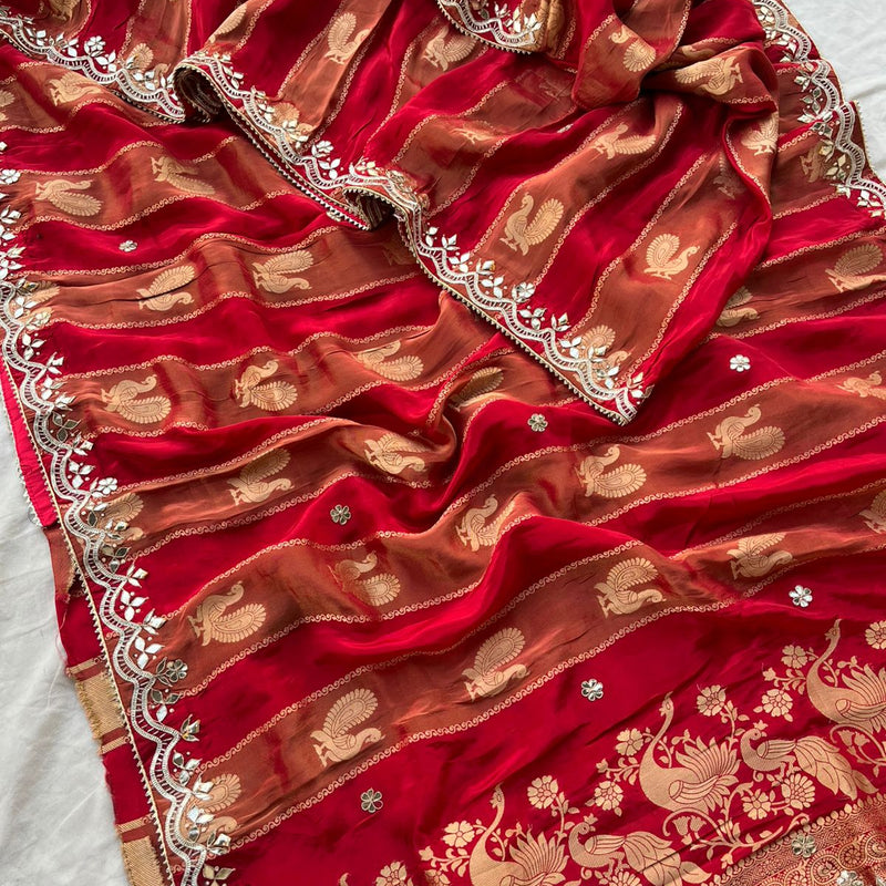 Pure Cosmo Silk Banarasi Wedding Saree with Gotta Patti & Pearl Work