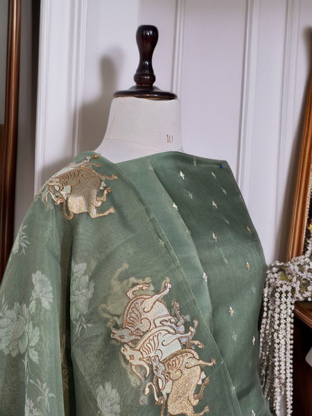 Pure Organza Silk Triple Bail Embroidered Suit with Printed Dupatta