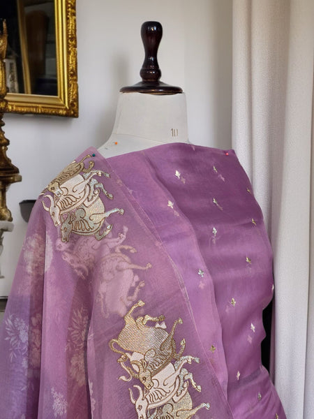 Pure Organza Silk Triple Bail Embroidered Suit with Printed Dupatta